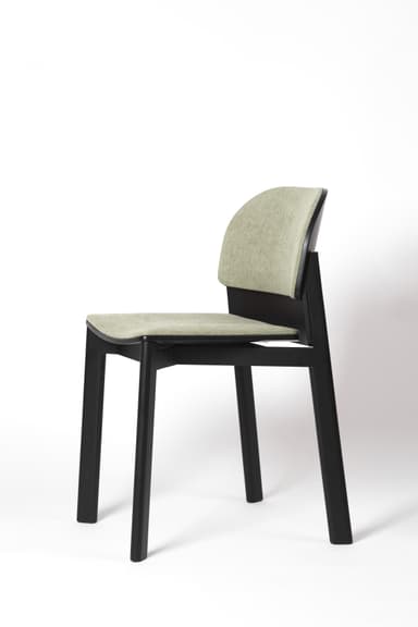 An armless modern dining chair featuring a solid black wooden frame and light green fabric upholstery on both the seat and the curved backrest. The chair is presented in a studio setting against a white background. — 3D model