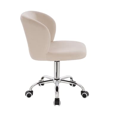 A modern office chair with a padded backrest and seat, featuring a chrome-plated five-star base with caster wheels for mobility. The chair is upholstered in a light beige fabric and has a pneumatic height adjustment lever. — 3D model