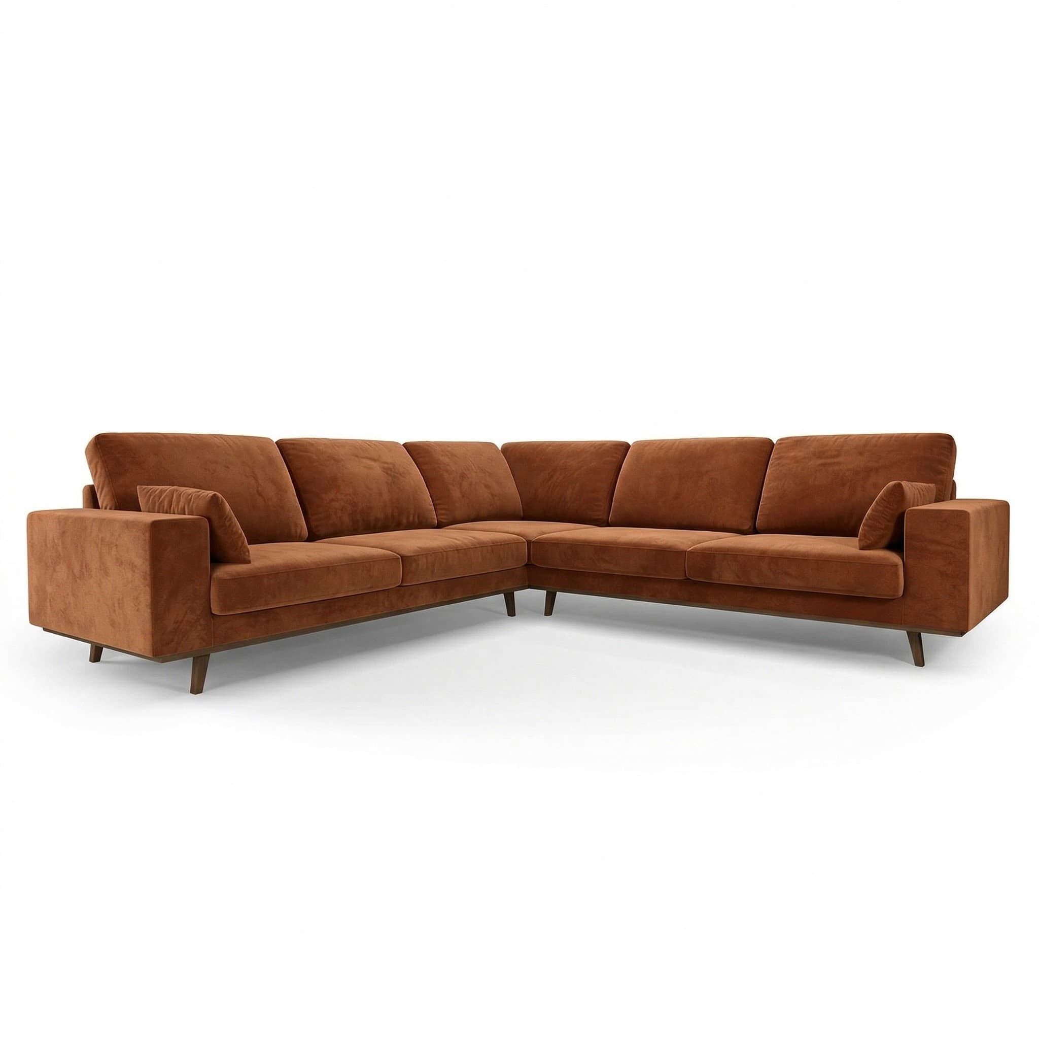 A sectional sofa with a rich, warm brown velvet upholstery. It features a modern design with clean lines, square arms, and plush cushions. The sofa is configured in an L-shape, suggesting it is designed for corner placement. It is supported by tapered wooden legs in a dark finish. — 3D model