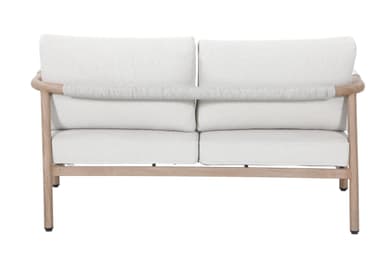 A two-seater sofa with a light-colored wooden frame and light-colored fabric upholstery. The frame features curved armrests and a simple rectangular base. The seat and back cushions are separate and appear to be filled with a soft material. — 3D model
