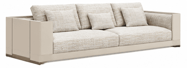 A modern sofa, viewed from the rear, featuring a low-profile, solid box-frame structure in a pale beige or cream color. Three individual, rectangular back cushions with a textured, patterned fabric are placed along the top edge of the frame. A subtle, darker base, likely wood or metal, is visible at the very bottom, creating a slight elevation. — 3D model