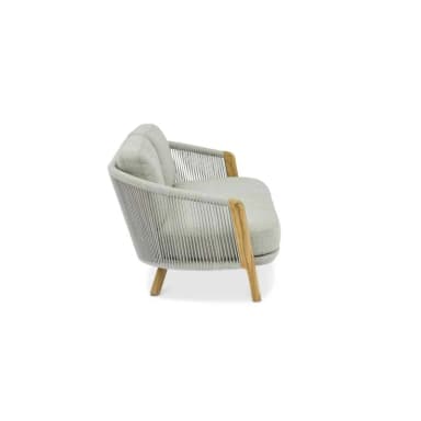 A two-seater sofa with a rounded back and arms, featuring a wooden frame on the sides and legs, and a seat and backrest upholstered in a light grey textured fabric. The back of the sofa is detailed with woven ropes or cords. — 3D model