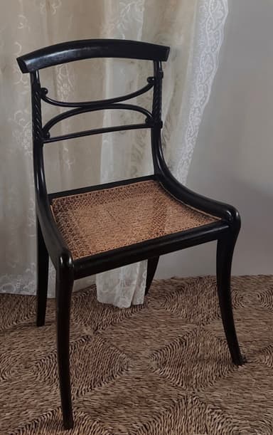 A classic black bentwood dining chair featuring a steam-bent wooden frame, a natural woven cane seat, and a distinctive backrest with twisted, curved spindles and a broad top rail. The chair stands on four subtly curved legs, typical of traditional bentwood construction. — 3D model