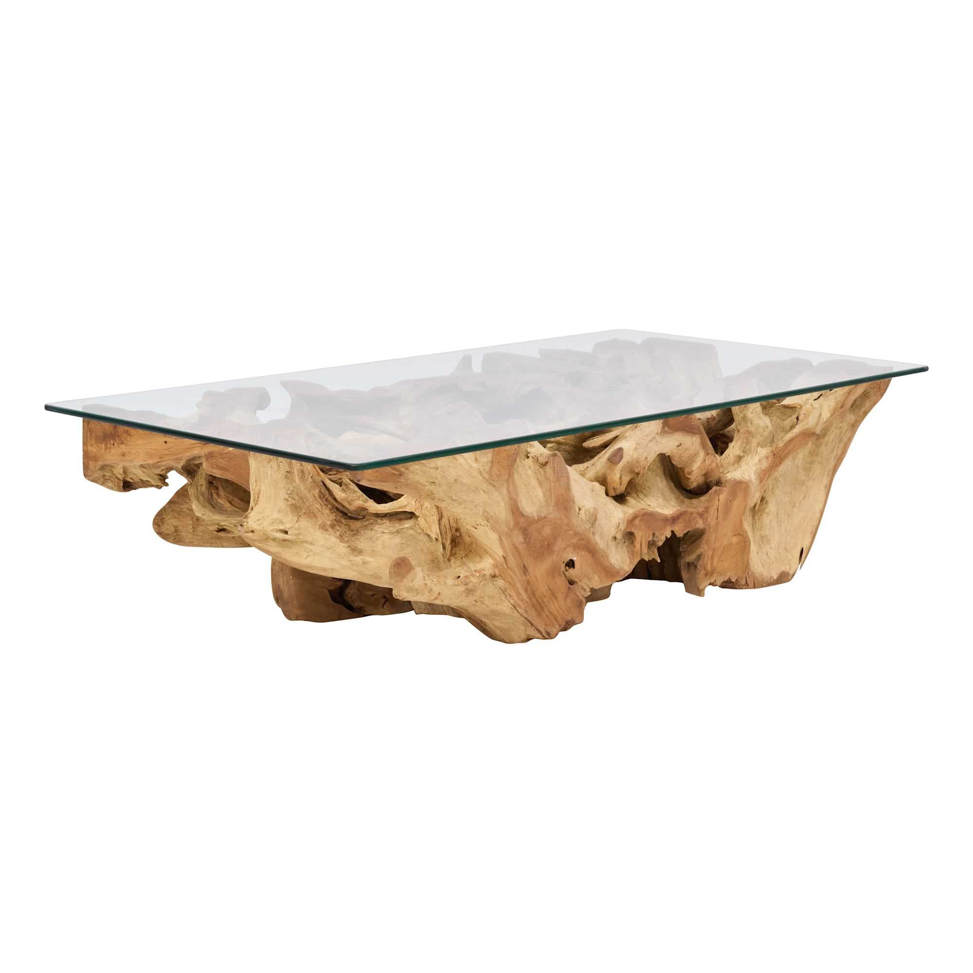 A rectangular glass-top coffee table featuring a unique, sculptural base constructed from a single, gnarled piece of natural wood, resembling a teak root, displaying organic contours and textures. — 3D model