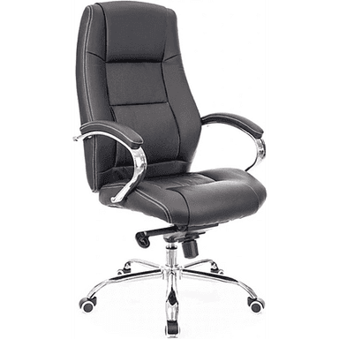 A black high-back executive office chair with contoured padding, upholstered in faux leather, featuring contrasting white stitching. It has chrome-plated armrests with padded tops and a chrome five-star base with casters for mobility. The chair includes adjustment mechanisms for height and tilt. — 3D model