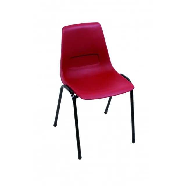 A bright red molded plastic chair with a black tubular metal frame, designed for stacking. — 3D model
