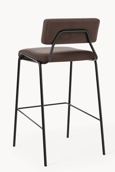 A modern bar stool featuring a sturdy black tubular metal frame supporting a padded seat and a low rectangular backrest, both upholstered in a rich brown ribbed corduroy fabric. The frame includes an integrated square footrest. — 3D model
