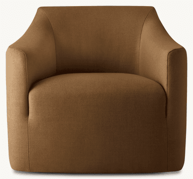 A contemporary upholstered armchair, characterized by its continuous, gently curved backrest and integrated armrests, presented in a solid brown fabric. — 3D model