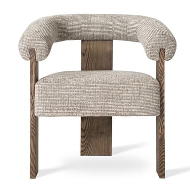 A modern armchair featuring a rounded, upholstered back and armrests that curve forward, supported by thick, rectangular wooden legs. The upholstery has a textured weave pattern. The wooden frame has a visible grain and a matte finish. — 3D model