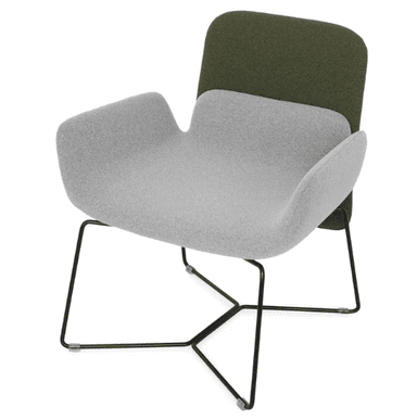 A modern armchair with a distinctive dual-tone upholstery. The seat and armrests are upholstered in a light grey, textured fabric, forming a continuous, organic shape. The backrest is a separate, taller section upholstered in a dark olive green fabric, creating a visual contrast. The chair is supported by a minimalist, black metal frame with a criss-cross base. — 3D model
