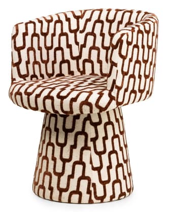 A swivel armchair upholstered in a fabric with a repeating geometric pattern. The armchair features a curved back and armrests that flow into a pedestal base. The base is conical in shape and tapers towards the bottom. The upholstery is a textured fabric with a cream background and a dark brown interlocking chain-link pattern. — 3D model