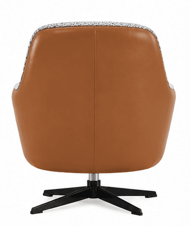 A modern lounge chair featuring a broad, rounded back and seat, upholstered in a distinctive black, white, and gray speckled or abstract patterned fabric. The exterior of the chair's shell is a contrasting warm brown, possibly leather or faux leather, which frames the upholstered sections. It sits on a black multi-leg star-shaped swivel base with a silver central shaft, providing stability and rotational movement. — 3D model