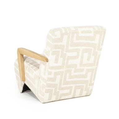 A modern armchair with a patterned fabric upholstery and wooden armrests. The armchair features a sculpted silhouette with a high back and wide seat. The armrests are curved and made of light-colored wood, providing a contrast to the patterned upholstery. The upholstery has a geometric pattern in a light beige and off-white color scheme. — 3D model