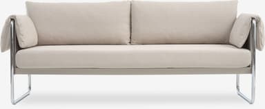 A close-up view of a sofa, focusing on the backrest and seat. The sofa features a tubular metal frame, likely chrome-plated steel, with a light-colored fabric upholstery. The backrest appears to be composed of two cushions, while the seat is a single upholstered panel. The overall design suggests a modern or Bauhaus-inspired aesthetic. — 3D model