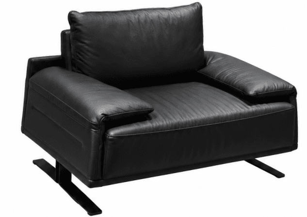 A modern black leather lounge chair featuring plush, generously padded cushions for the seat, back, and armrests, all supported by a distinctive low-profile metal sled base. — 3D model