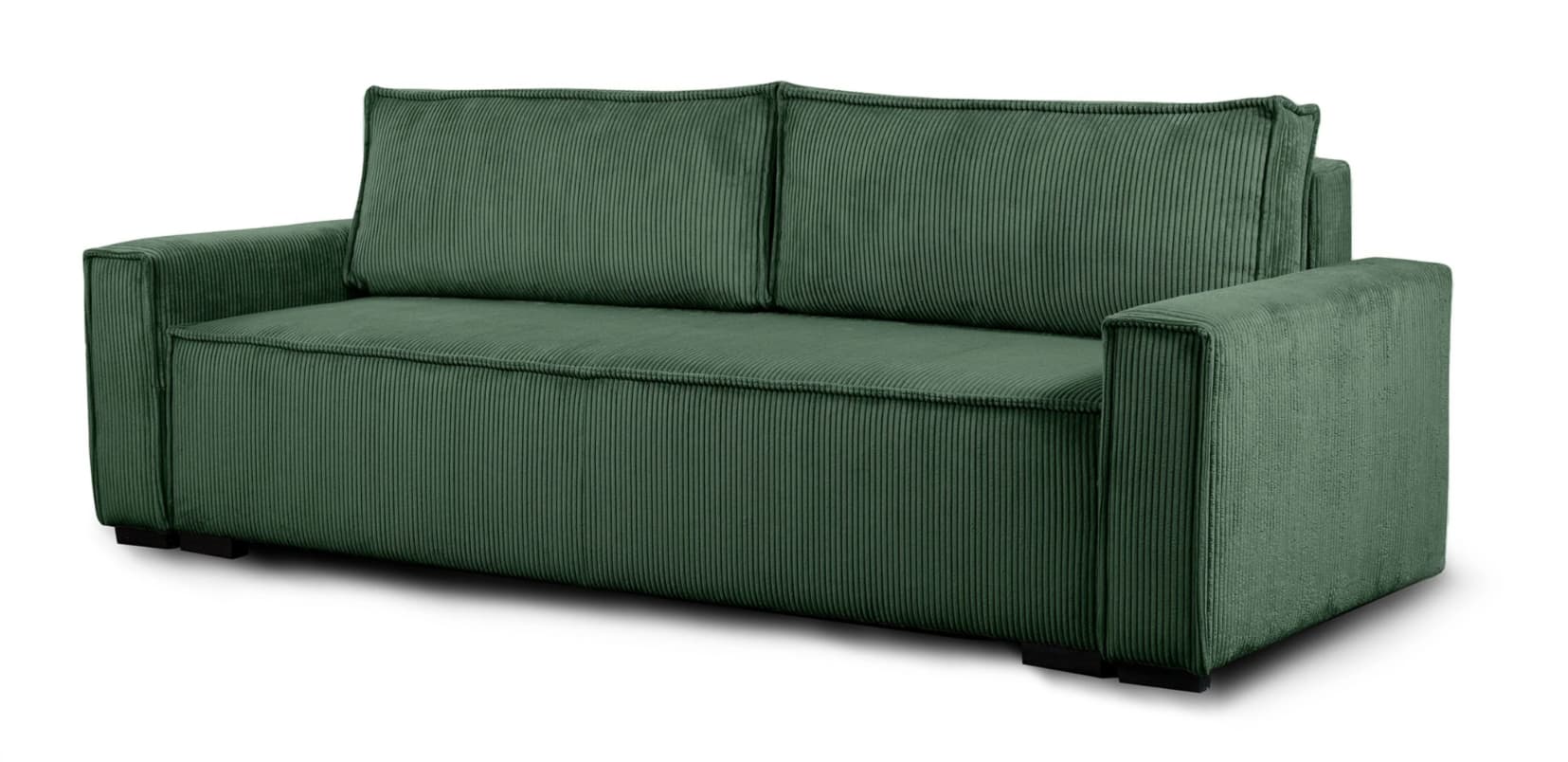 A contemporary sofa upholstered in a corduroy-textured fabric. The sofa features a clean, rectilinear design with padded arms and back cushions. It is presented in a deep green hue. — 3D model