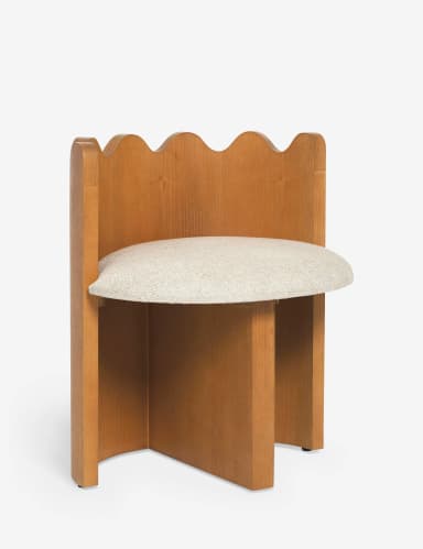 A contemporary accent chair with a distinctive scalloped wooden backrest. The chair features a U-shaped wooden base that extends upwards to form the sides of the seat support. The seat is upholstered in a textured, light-colored fabric. The overall design is minimalist and sculptural, with clean lines and geometric forms. — 3D model