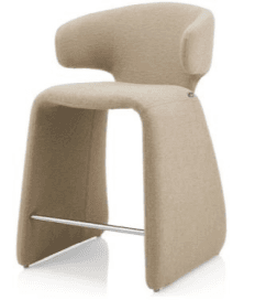 A contemporary bar stool featuring a sculptural and continuous form, entirely upholstered in a textured beige fabric. It has a high backrest that curves around to form subtle arm-like supports and a sturdy base that incorporates a polished metal footrest. The design is minimalist yet inviting, suitable for modern interiors. — 3D model
