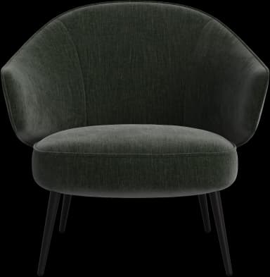 A contemporary lounge armchair featuring a curved, enveloping backrest that flows into integrated armrests. The chair is upholstered in a dark green textured fabric and supported by four slender, tapered black metal legs. — 3D model