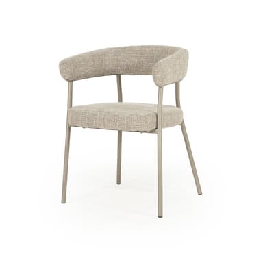 A contemporary armchair with a gently curved back and seat, upholstered in a textured beige fabric. The chair features slender, brushed metal legs and a minimalist frame, providing a modern aesthetic. — 3D model
