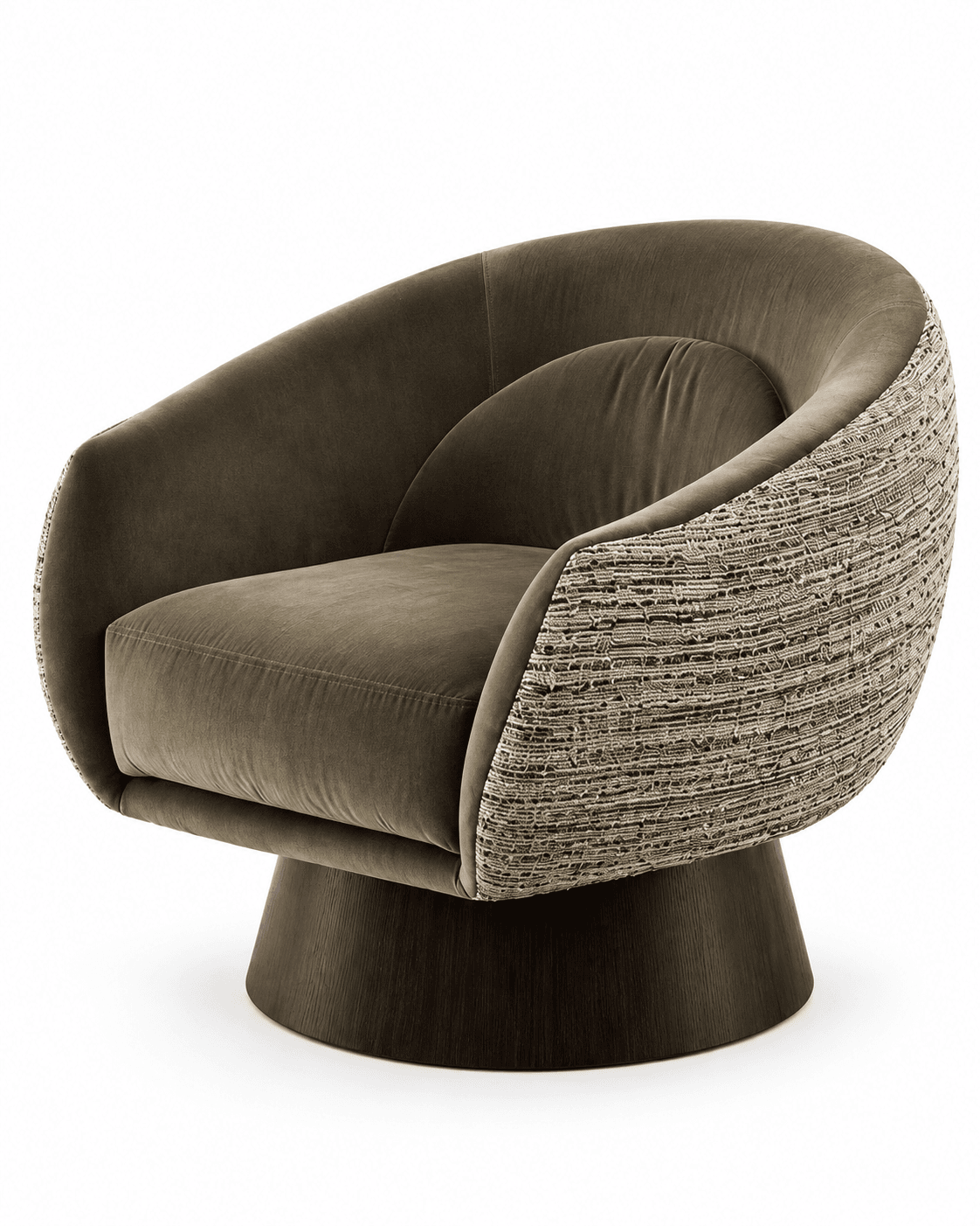 A contemporary barrel swivel lounge chair featuring olive green velvet upholstery on the interior and a textured woven fabric on the exterior sides. It rests on a dark wood plinth base. — 3D model