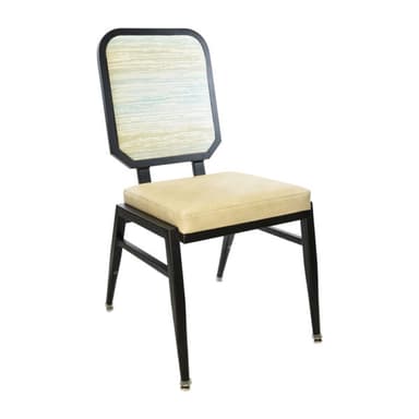 A contemporary metal banquet chair featuring a dark-colored metal frame with upholstered seat and backrest. The seat is a solid light beige color, while the backrest features a light patterned fabric with subtle blue and green tones. The legs are tapered and equipped with glides. — 3D model