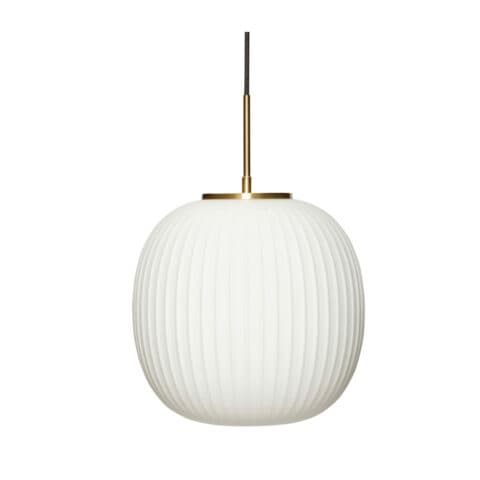 A modern pendant light featuring a spherical, ribbed white glass shade suspended by a thin brass rod and black electrical cord. The shade has a diffused, soft appearance with vertical ridging across its surface. A small brass cap connects the shade to the suspension rod. — 3D model