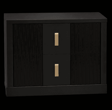 A contemporary matte black nightstand featuring a rectangular silhouette and vertically fluted front panels. It is equipped with two drawers, each adorned with a vertical strap-style handle in a brushed gold finish. The unit rests on a recessed plinth base. — 3D model
