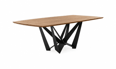 A modern rectangular dining table featuring a solid wood top and a sculptural black metal base. The base is composed of angular, intersecting elements, creating a visually striking and stable support structure. — 3D model