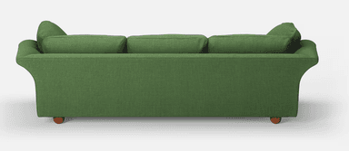 A three-seater sofa with a tufted seat and back cushions. It features rolled arms that curve outwards and short wooden legs. The sofa is upholstered in a textured green fabric and comes with two matching throw pillows. The back cushions are loose, while the seat appears to be a single tufted cushion. — 3D model