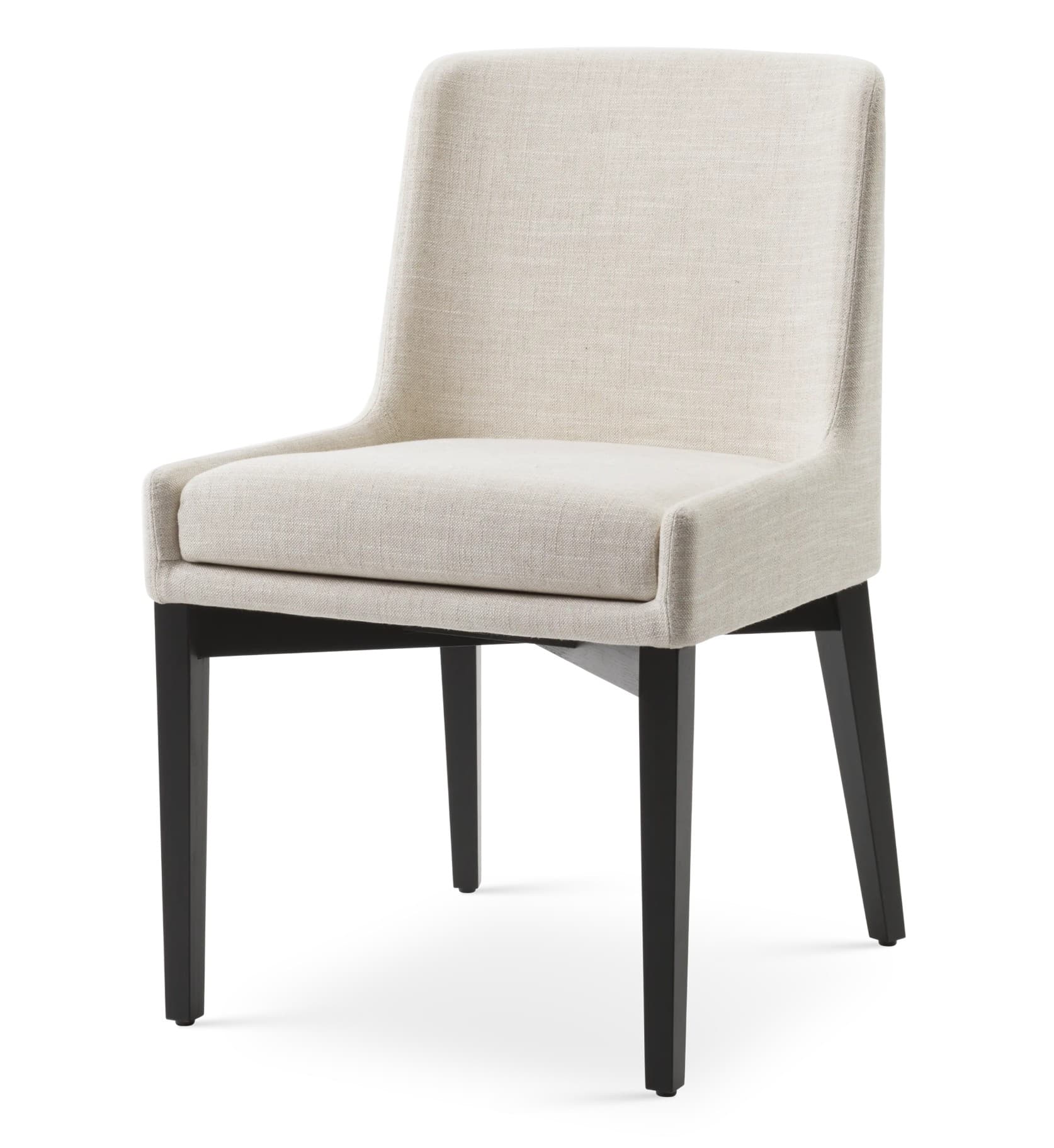 A modern armless chair with a high back and a cushioned seat. The chair features a light-colored, textured fabric upholstery for the seat and backrest, and a dark, rectangular leg structure providing support. The overall design is minimalist and elegant. — 3D model