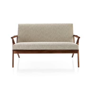 A two-seater loveseat with a visible dark wood frame and light-colored fabric upholstery. The design features clean lines, open armrests, and tapered legs, indicative of a Mid-Century Modern aesthetic. — 3D model