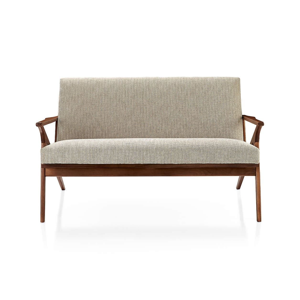 A two-seater loveseat with a visible dark wood frame and light-colored fabric upholstery. The design features clean lines, open armrests, and tapered legs, indicative of a Mid-Century Modern aesthetic. — 3D model