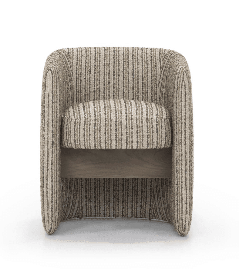 A modern armchair with a rounded silhouette, upholstered in a textured fabric with vertical stripes. The chair features integrated armrests and a seat cushion. A horizontal wooden panel is visible beneath the seat, providing structural support and a contrasting material. — 3D model