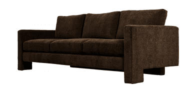 A contemporary three-seater sofa upholstered in a dark brown, textured fabric. It features straight, wide track arms, three individual seat cushions, and three matching back cushions. The base of the sofa appears recessed, giving it a slightly floating or streamlined aesthetic. — 3D model