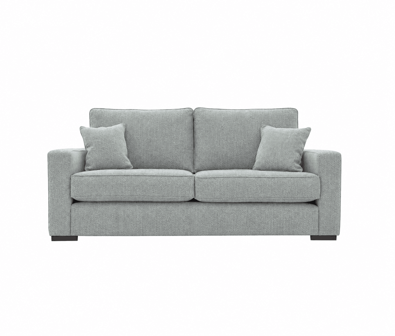 A two-seater loveseat upholstered in a light grey herringbone fabric, featuring square track arms, two loose seat cushions, and two loose back cushions, accompanied by two matching throw pillows. — 3D model