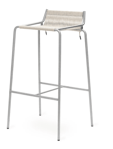A contemporary bar stool with a minimalist design, featuring a slender metal frame and a woven seat and backrest. The frame is constructed from tubular metal, providing a stable base with four splayed legs connected by crossbars for added rigidity. The seat and backrest are formed from a durable, tightly woven cord or rope in a light, neutral color, creating a textured surface. — 3D model