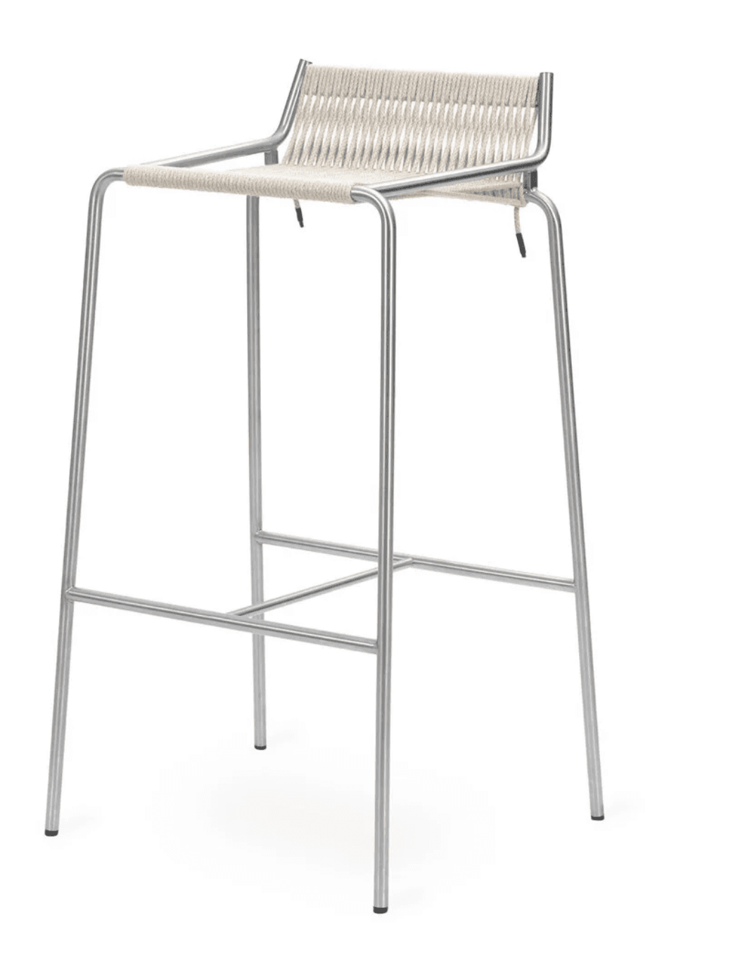 A contemporary bar stool with a minimalist design, featuring a slender metal frame and a woven seat and backrest. The frame is constructed from tubular metal, providing a stable base with four splayed legs connected by crossbars for added rigidity. The seat and backrest are formed from a durable, tightly woven cord or rope in a light, neutral color, creating a textured surface. — 3D model