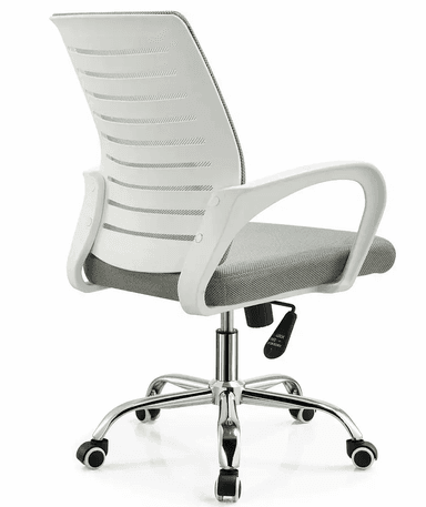 A modern office chair featuring a light gray mesh backrest and seat, white curved plastic armrests, and a chrome-plated five-star swivel base with casters. The chair has an adjustable height mechanism. — 3D model