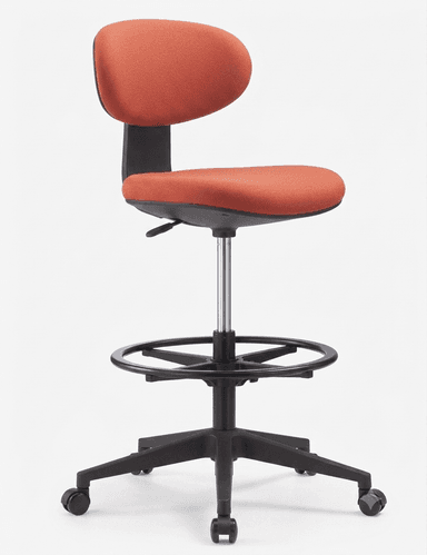 An ergonomic drafting chair featuring a vibrant orange fabric upholstered seat and backrest. The chair is designed for elevated workspaces, incorporating a pneumatic height adjustment mechanism and a circular footring for support. It rests on a five-star black plastic base equipped with casters for mobility. The backrest is contoured and appears to be independently adjustable, providing lumbar support. The overall design prioritizes user comfort and functionality for extended periods. — 3D model