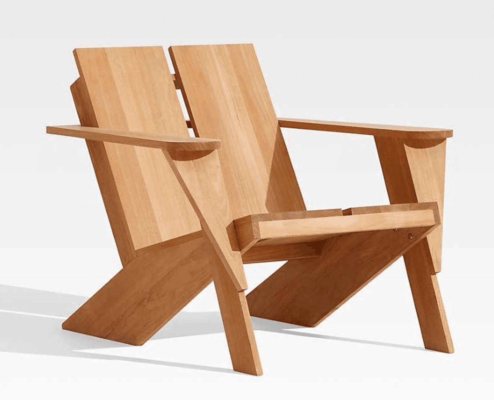 A modern outdoor lounge chair constructed from light-colored wood, likely teak. It features a low-slung profile with a slightly reclined backrest and a flat, slatted seat. The design incorporates wide, flat armrests and sturdy, angled leg supports, creating a clean, rectilinear aesthetic suitable for contemporary outdoor spaces. — 3D model