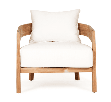 A modern outdoor lounge chair featuring a sturdy teak wood frame and plush white cushions. The design emphasizes clean lines and natural materials, suitable for a contemporary outdoor living space. — 3D model