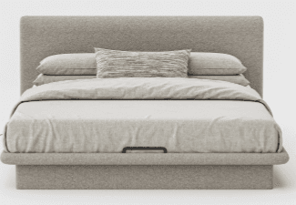 A modern upholstered bed frame with a low profile and a curved headboard. The bed is complete with bedding, including sheets, pillows, and a decorative throw pillow. The frame appears to be fabric-covered, featuring a continuous curve from the footboard to the headboard, which has rounded edges. A subtle handle or recess is visible on the side of the frame. — 3D model
