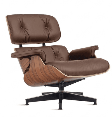 A classic Mid-Century Modern lounge chair featuring a distinctive molded plywood shell with a dark wood veneer finish, paired with plush, button-tufted brown leather upholstery. The chair comprises a separate seat, backrest, and headrest, all generously padded. It rests on a black, four-star aluminum swivel base, characteristic of its iconic design. The armrests are also padded and upholstered in matching brown leather. The overall aesthetic is one of sophisticated comfort and timeless design. — 3D model