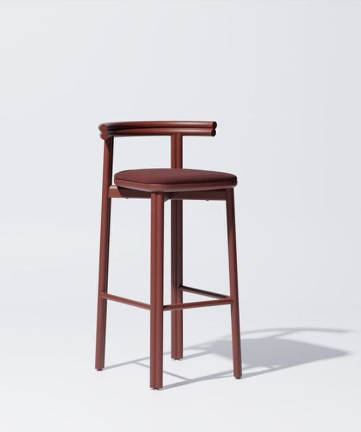 A contemporary bar stool featuring a tubular metal frame in a reddish-brown or burgundy finish, an upholstered seat cushion, and a rounded open backrest. — 3D model