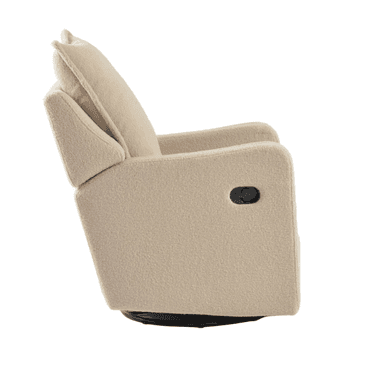 A cream-colored upholstered recliner chair with a textured boucle fabric, featuring a recline mechanism and a swivel base. The chair has thick, padded cushions and wide armrests, designed for comfort. — 3D model