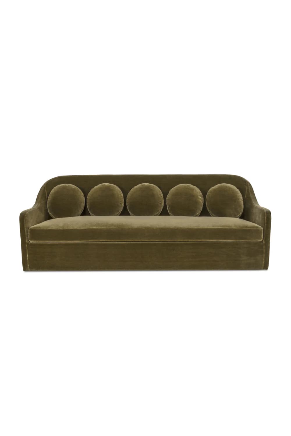 A contemporary velvet sofa featuring a low profile, integrated armrests that curve slightly upwards, and a single seat cushion. The backrest is adorned with five evenly spaced, circular bolster cushions. The overall design is sleek and modern, with clean lines and a plush upholstery. — 3D model