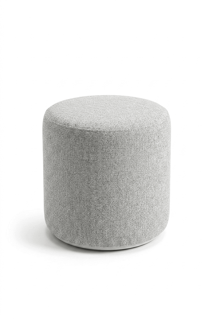 A cylindrical ottoman with a rounded top and a slightly tapered base. It is upholstered in a textured, woven fabric and sits directly on the floor without visible legs. — 3D model