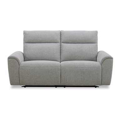 A light grey upholstered two-seater loveseat featuring individual reclining mechanisms. The design is contemporary with clean lines, padded armrests, and visible lumbar support in the back cushions. A control panel for the reclining function is subtly integrated into the side of the armrest. — 3D model