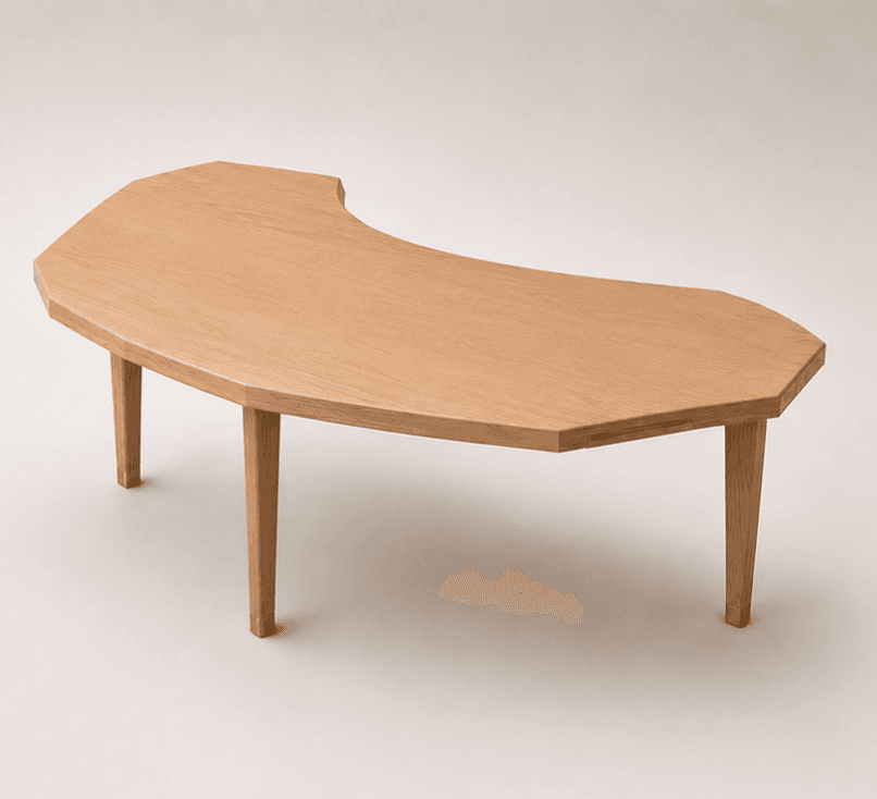 A low, freeform or kidney-shaped coffee table crafted from light-toned oak wood. It features a tabletop with faceted edges and is supported by four outwardly angled, tapered wooden legs, each finished with a polished brass ferrule. — 3D model